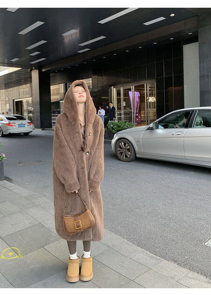  2025 Winter New Thick Women's Long Mink Plush Cardigan With Integrated Fur Eco-Friendly Hooded Fur Coat Solid Color