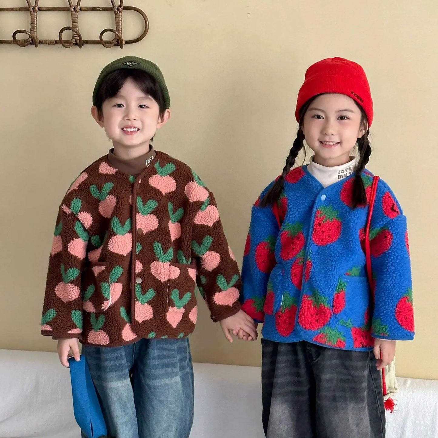 Winter New Children Clothes Lamb Wool Loose Jacket Fleece Lined Coat Cute Fruit Cartoon Print Kids Thickened Outerwear