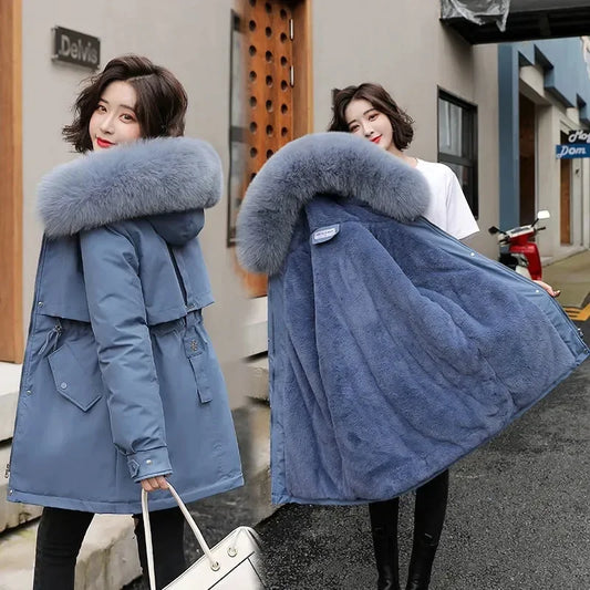 Winter Jacket Women Parka Fashion Long Coat Wool Liner Hooded Parkas Slim With Fur Collar Warm Snow Wear Padded Clothes