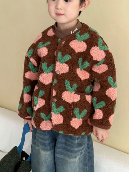 Winter New Children Clothes Lamb Wool Loose Jacket Fleece Lined Coat Cute Fruit Cartoon Print Kids Thickened Outerwear