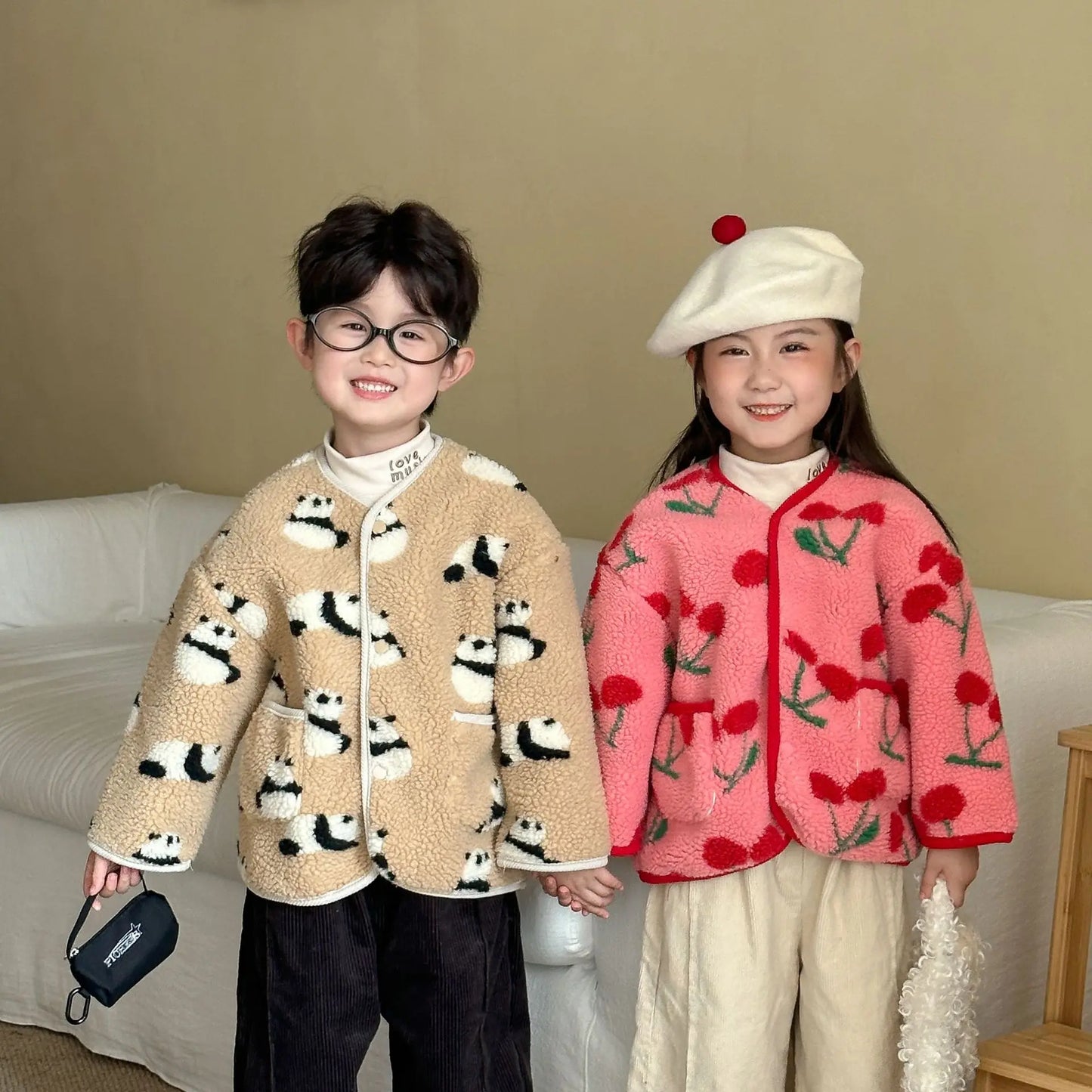 Winter New Children Clothes Lamb Wool Loose Jacket Fleece Lined Coat Cute Fruit Cartoon Print Kids Thickened Outerwear