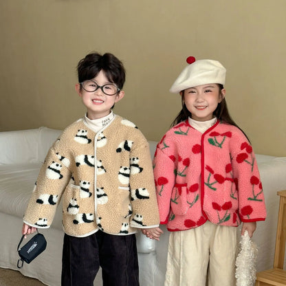 Winter New Children Clothes Lamb Wool Loose Jacket Fleece Lined Coat Cute Fruit Cartoon Print Kids Thickened Outerwear