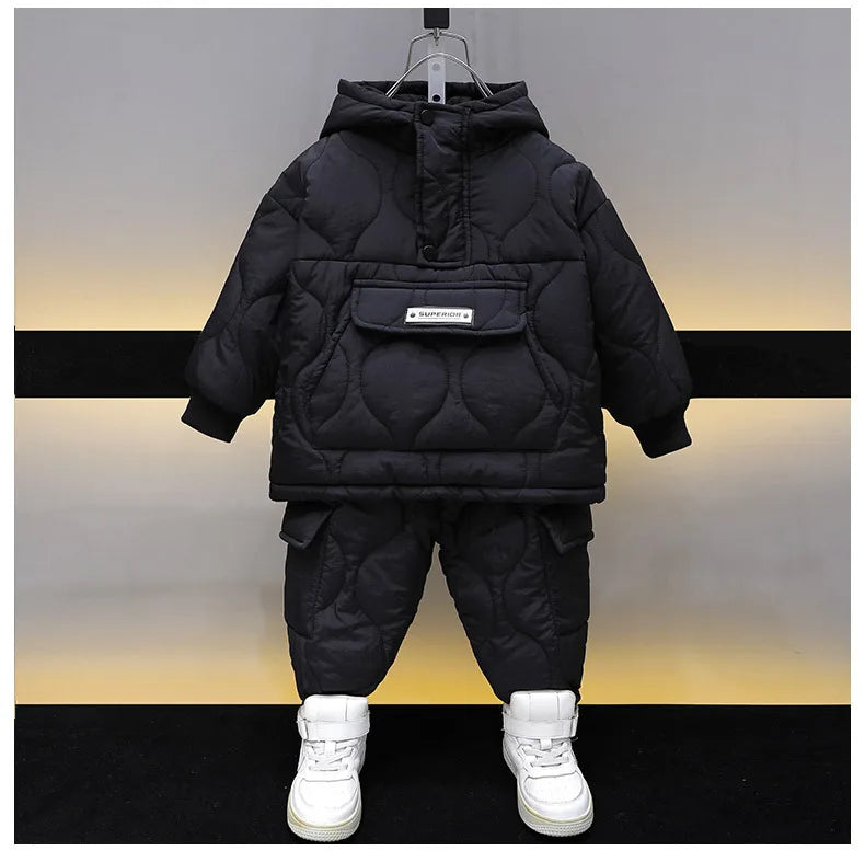 Winter Children Clothes Sets Kids Boys Girls Hooded Warm Cotton Velvet Pullover Coats Outerwear+Pants 2Pcs Snowsuits New1-8Y