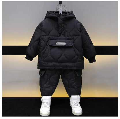 Winter Children Clothes Sets Kids Boys Girls Hooded Warm Cotton Velvet Pullover Coats Outerwear+Pants 2Pcs Snowsuits New1-8Y