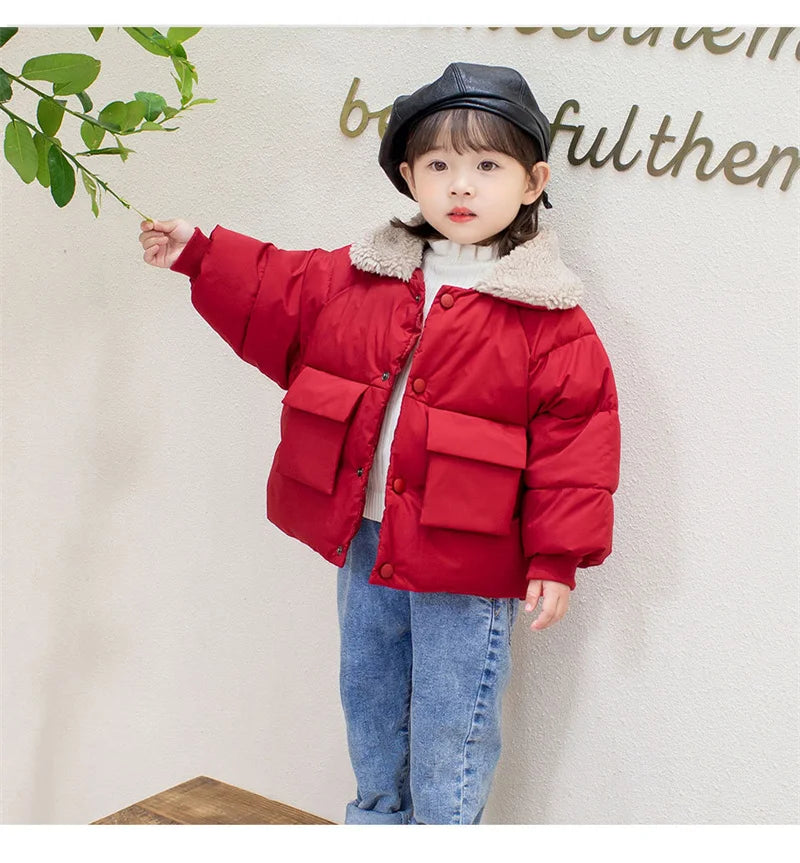 Winter New Warm Coats Baby Girl Boy Lamb Fleece Lapel Down Jackets Autumn Thicken Children Clothes Fashion Boys Girls Outerwear