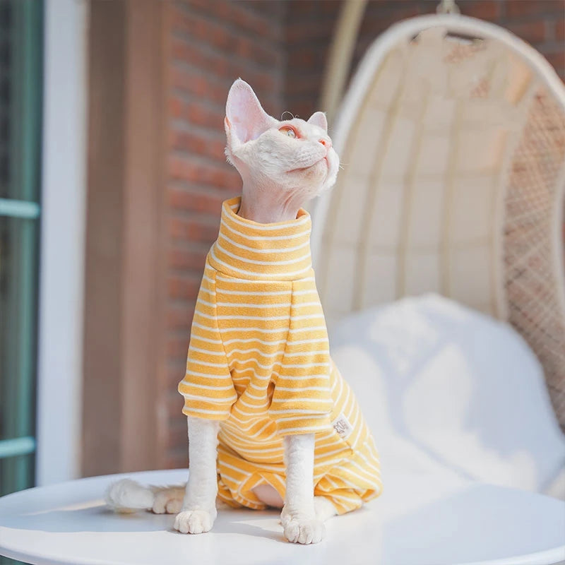 Winter Clothes for Cat, Stripped Cotton 4-legged Coat For Sphnx,Long sleeves Undershirt for Kittens, Devon Rex Jumpsuit