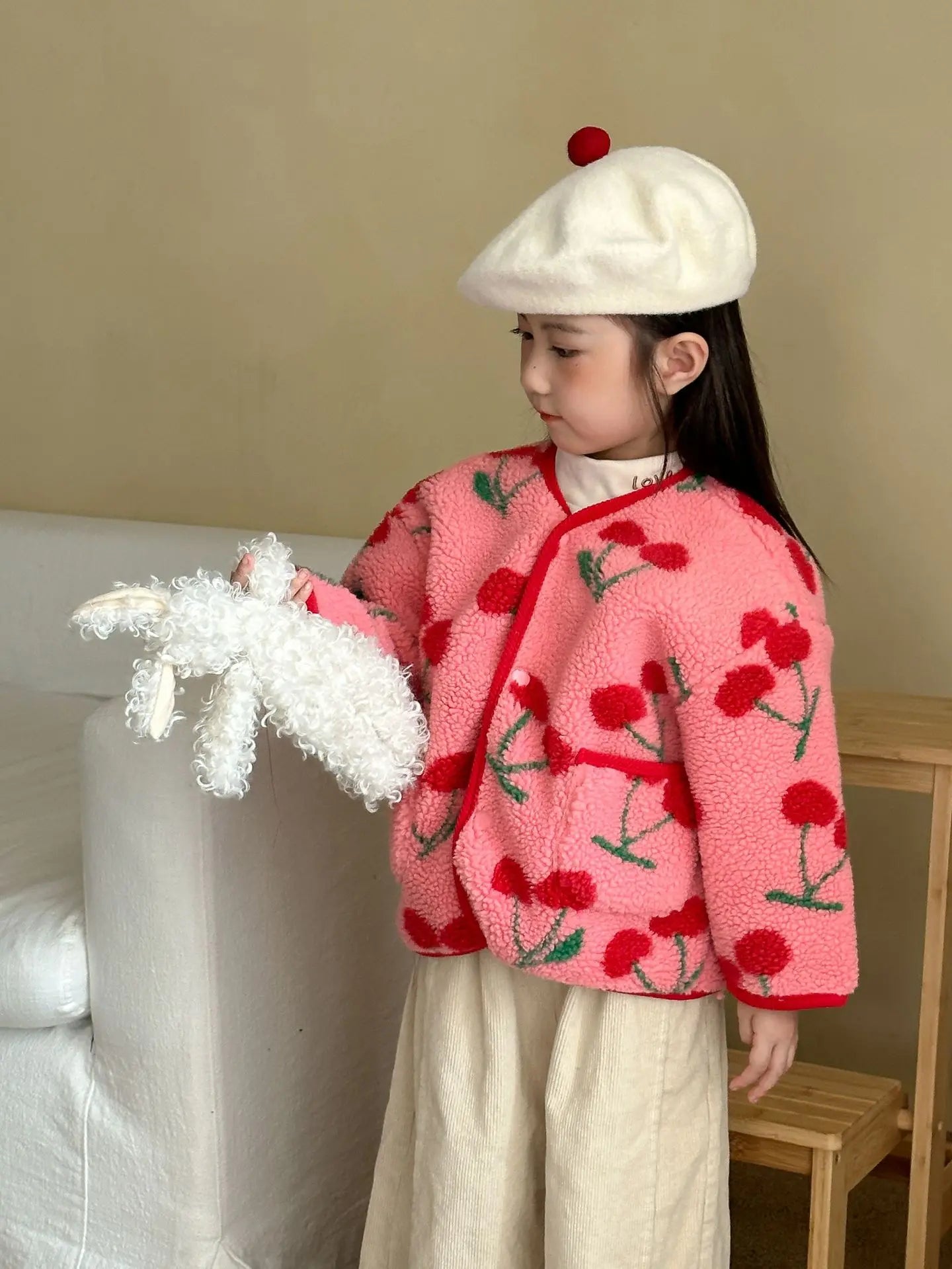 Winter New Children Clothes Lamb Wool Loose Jacket Fleece Lined Coat Cute Fruit Cartoon Print Kids Thickened Outerwear