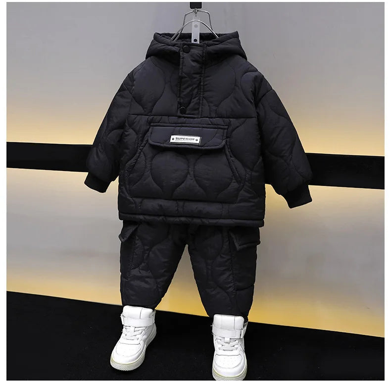 Winter Children Clothes Sets Kids Boys Girls Hooded Warm Cotton Velvet Pullover Coats Outerwear+Pants 2Pcs Snowsuits New1-8Y