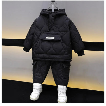 Winter Children Clothes Sets Kids Boys Girls Hooded Warm Cotton Velvet Pullover Coats Outerwear+Pants 2Pcs Snowsuits New1-8Y