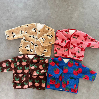 Winter New Children Clothes Lamb Wool Loose Jacket Fleece Lined Coat Cute Fruit Cartoon Print Kids Thickened Outerwear
