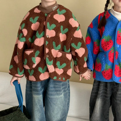 Winter New Children Clothes Lamb Wool Loose Jacket Fleece Lined Coat Cute Fruit Cartoon Print Kids Thickened Outerwear