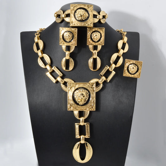 Gold Plated Jewelry Set  For Women African Indian Dubai Wedding Jewellery Luxury Choker Necklace Bracelet Earring Cuff Rings