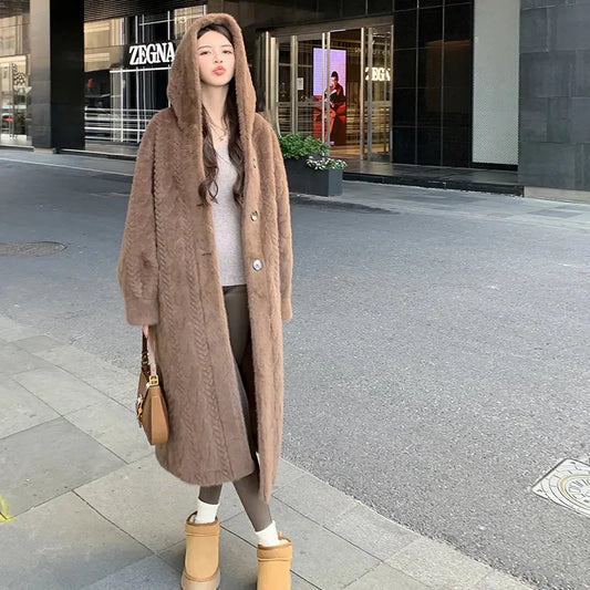  2025 Winter New Thick Women's Long Mink Plush Cardigan With Integrated Fur Eco-Friendly Hooded Fur Coat Solid Color