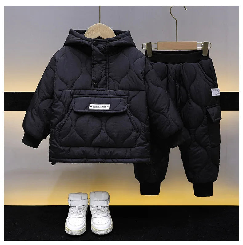 Winter Children Clothes Sets Kids Boys Girls Hooded Warm Cotton Velvet Pullover Coats Outerwear+Pants 2Pcs Snowsuits New1-8Y