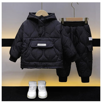 Winter Children Clothes Sets Kids Boys Girls Hooded Warm Cotton Velvet Pullover Coats Outerwear+Pants 2Pcs Snowsuits New1-8Y
