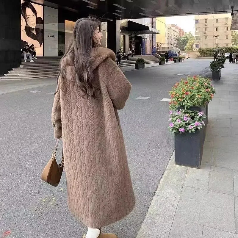  2025 Winter New Thick Women's Long Mink Plush Cardigan With Integrated Fur Eco-Friendly Hooded Fur Coat Solid Color