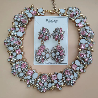 Elegant Jewellery Gifts for Her Women's Vintage Statement Earrings and Large Crystal Rhinestone Choker Necklace Jewelry Set