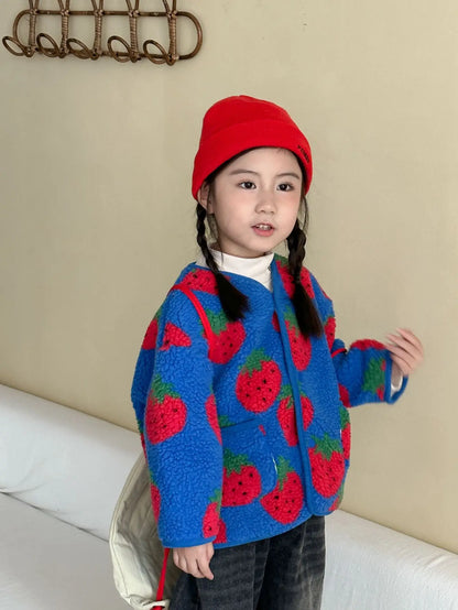 Winter New Children Clothes Lamb Wool Loose Jacket Fleece Lined Coat Cute Fruit Cartoon Print Kids Thickened Outerwear