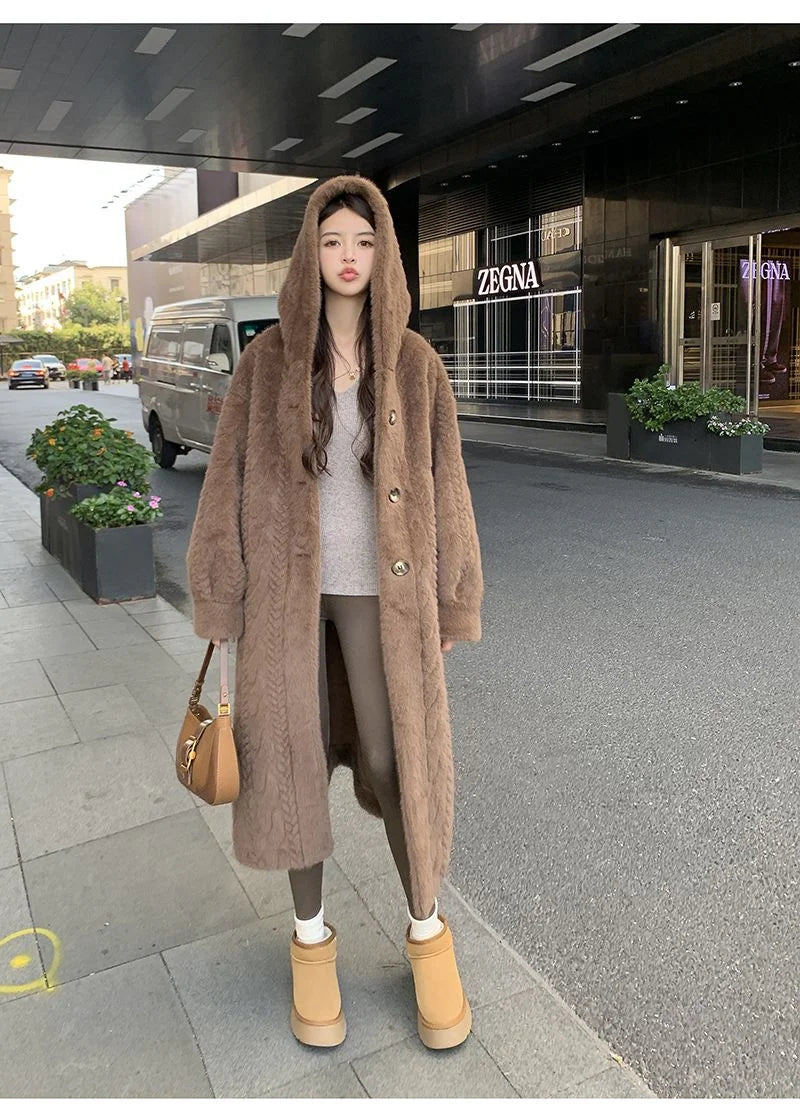  2025 Winter New Thick Women's Long Mink Plush Cardigan With Integrated Fur Eco-Friendly Hooded Fur Coat Solid Color