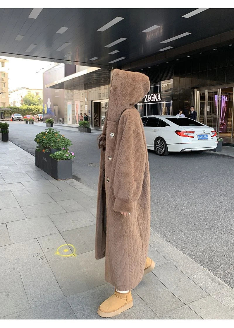  2025 Winter New Thick Women's Long Mink Plush Cardigan With Integrated Fur Eco-Friendly Hooded Fur Coat Solid Color