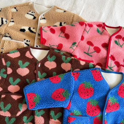 Winter New Children Clothes Lamb Wool Loose Jacket Fleece Lined Coat Cute Fruit Cartoon Print Kids Thickened Outerwear
