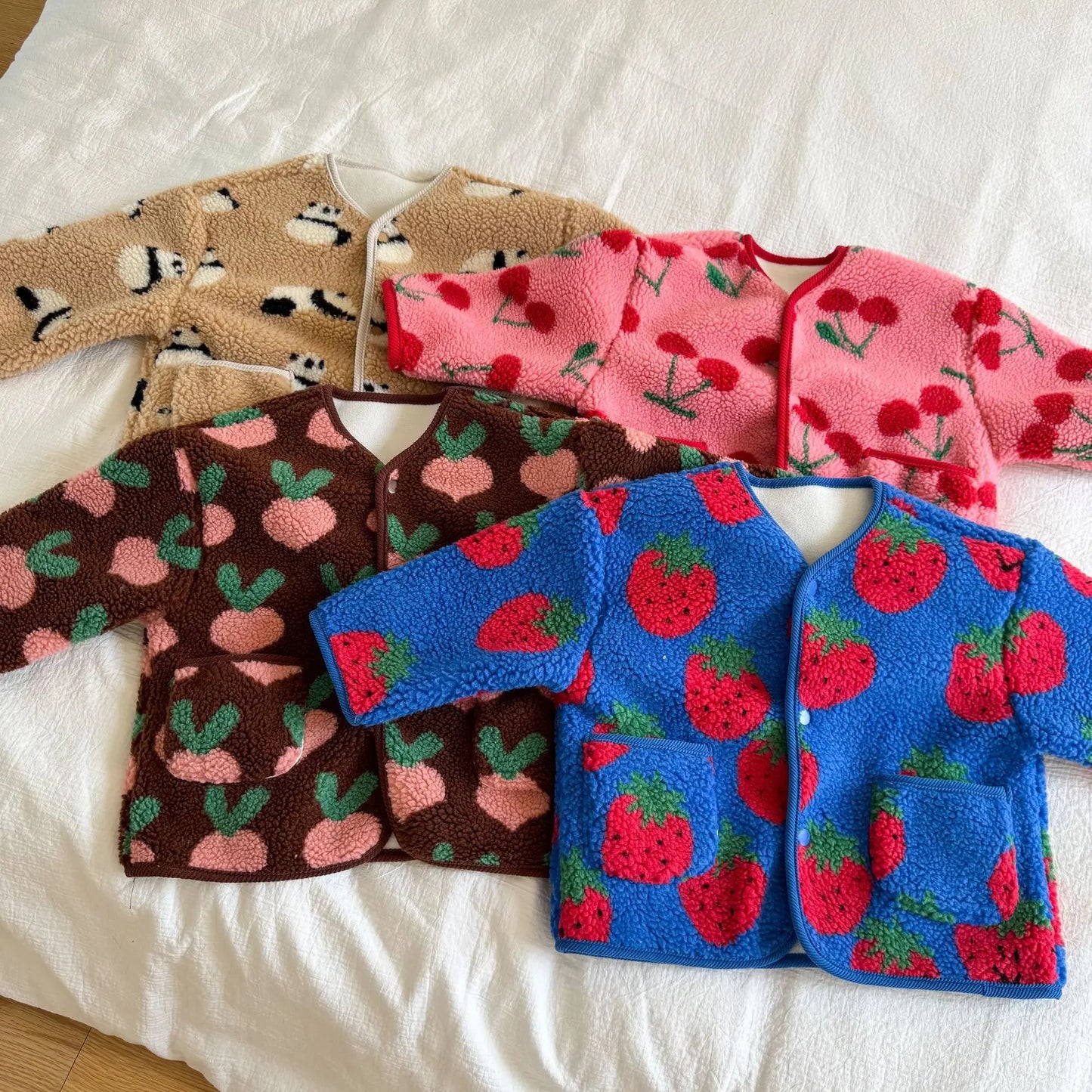 Winter New Children Clothes Lamb Wool Loose Jacket Fleece Lined Coat Cute Fruit Cartoon Print Kids Thickened Outerwear