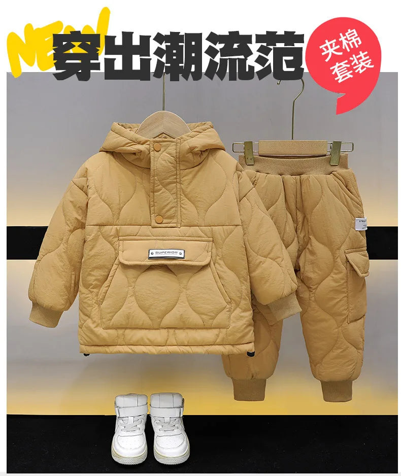 Winter Children Clothes Sets Kids Boys Girls Hooded Warm Cotton Velvet Pullover Coats Outerwear+Pants 2Pcs Snowsuits New1-8Y