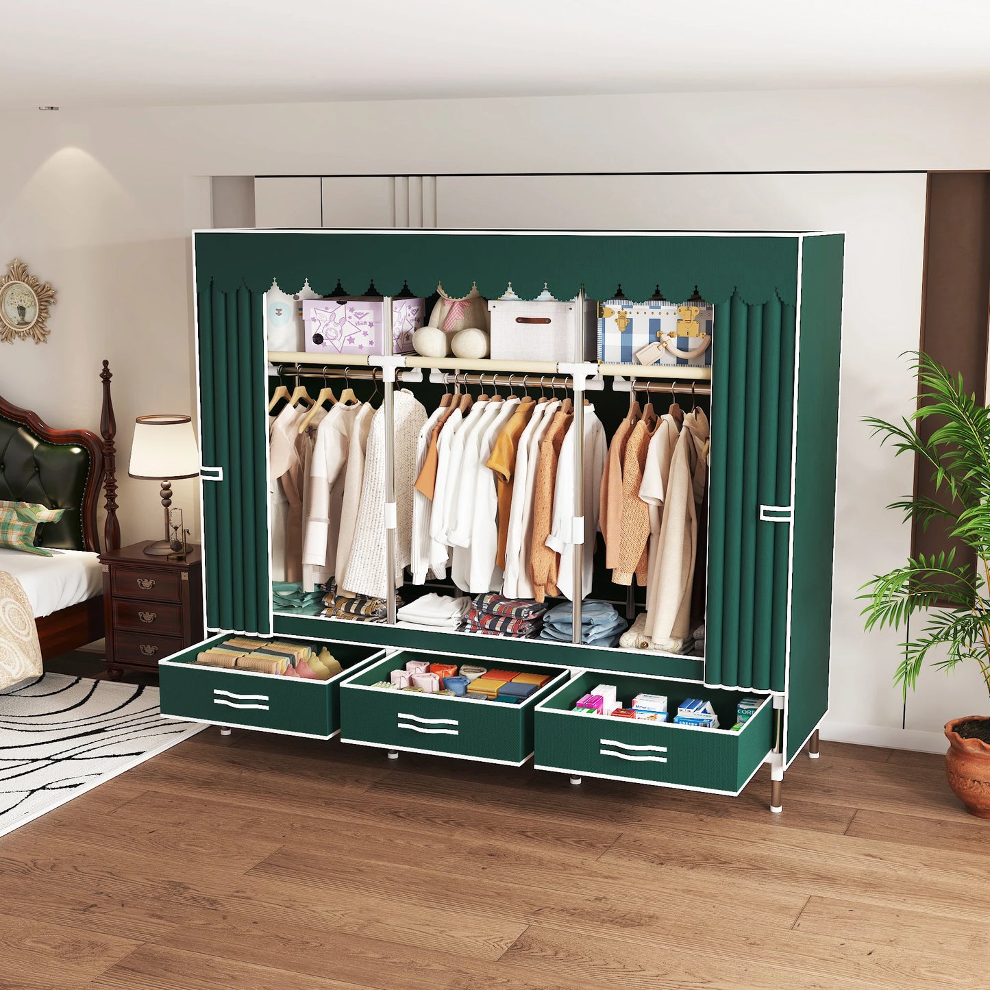 Space-saving portable wardrobe, durable, with hanging shelves, space-saving and dust-proof