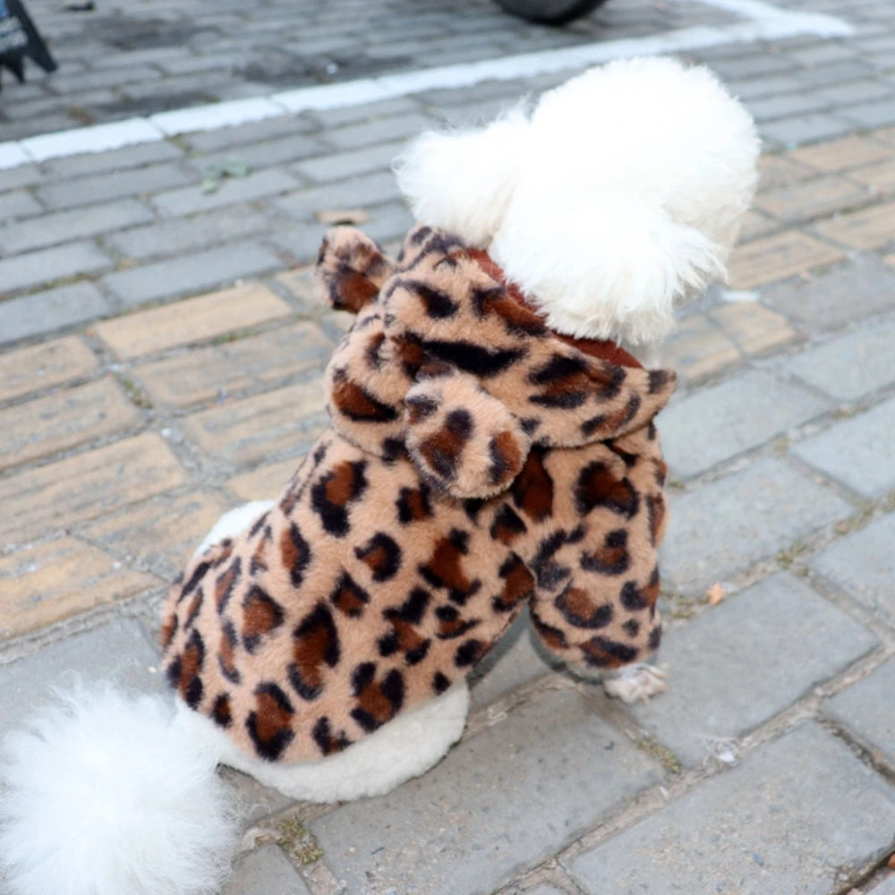 Winter Pet Dog Clothes Warm Fleece Dog Hoodie Leopard Dog Coat Jacket French Bulldog Clothing for Small Dogs Pets Costumes