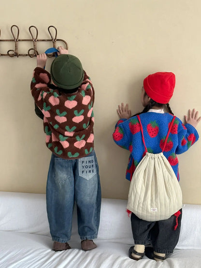 Winter New Children Clothes Lamb Wool Loose Jacket Fleece Lined Coat Cute Fruit Cartoon Print Kids Thickened Outerwear