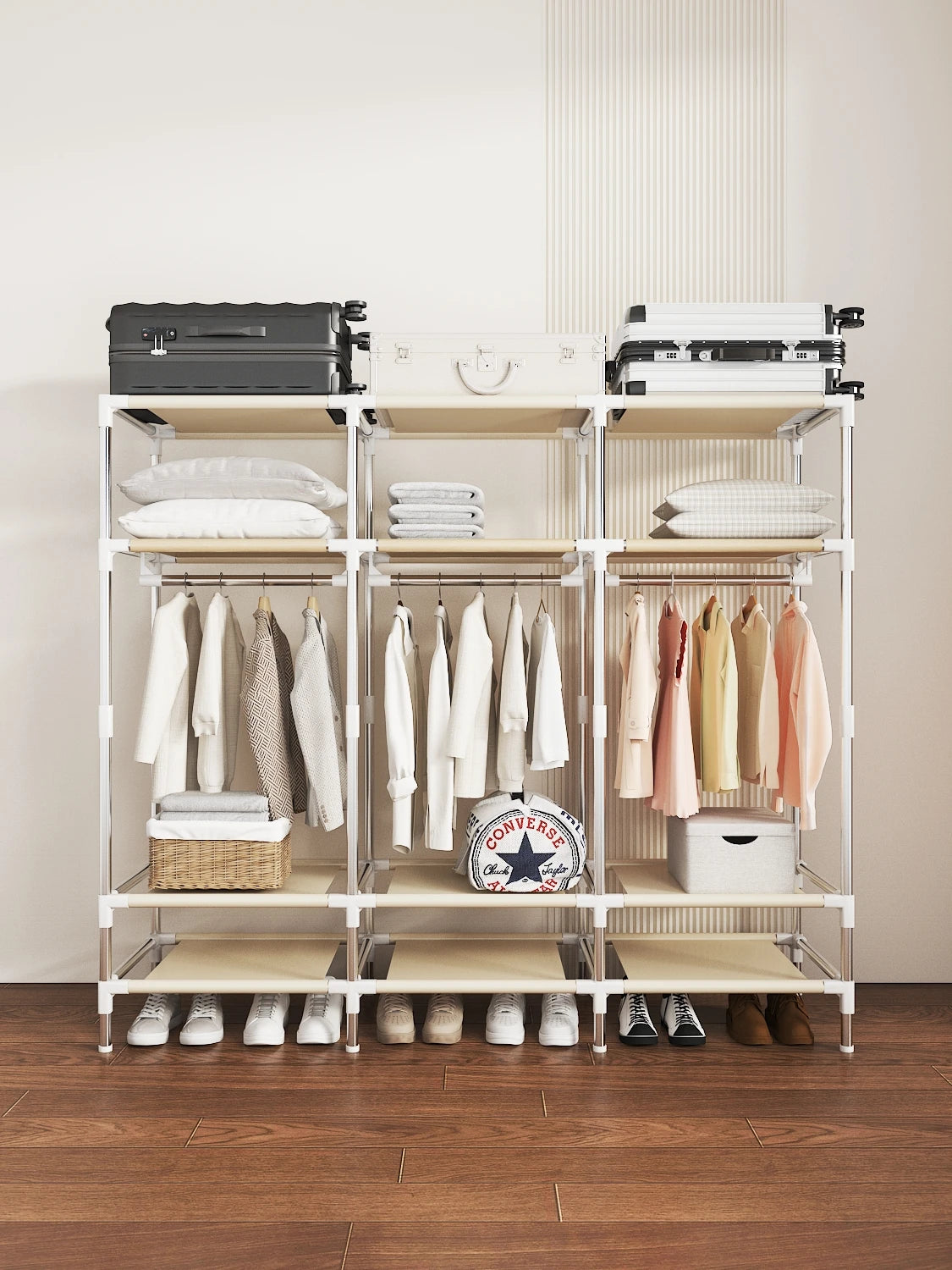 Space-saving portable wardrobe, durable, with hanging shelves, space-saving and dust-proof