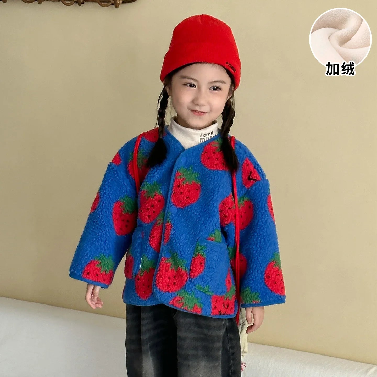 Winter New Children Clothes Lamb Wool Loose Jacket Fleece Lined Coat Cute Fruit Cartoon Print Kids Thickened Outerwear