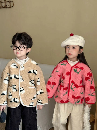 Winter New Children Clothes Lamb Wool Loose Jacket Fleece Lined Coat Cute Fruit Cartoon Print Kids Thickened Outerwear