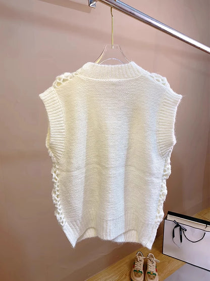 Women Handmade Rose 3D Floral Knit Cardigan Vest Style Feminine Sweater