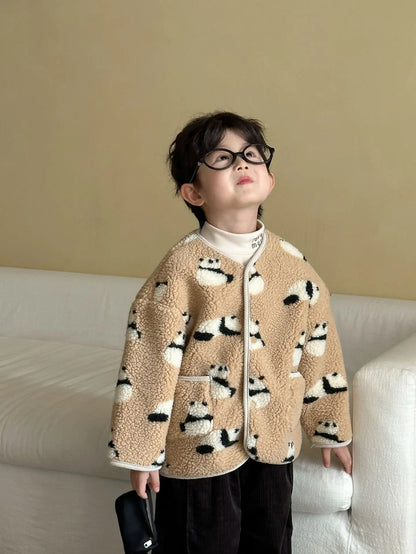 Winter New Children Clothes Lamb Wool Loose Jacket Fleece Lined Coat Cute Fruit Cartoon Print Kids Thickened Outerwear