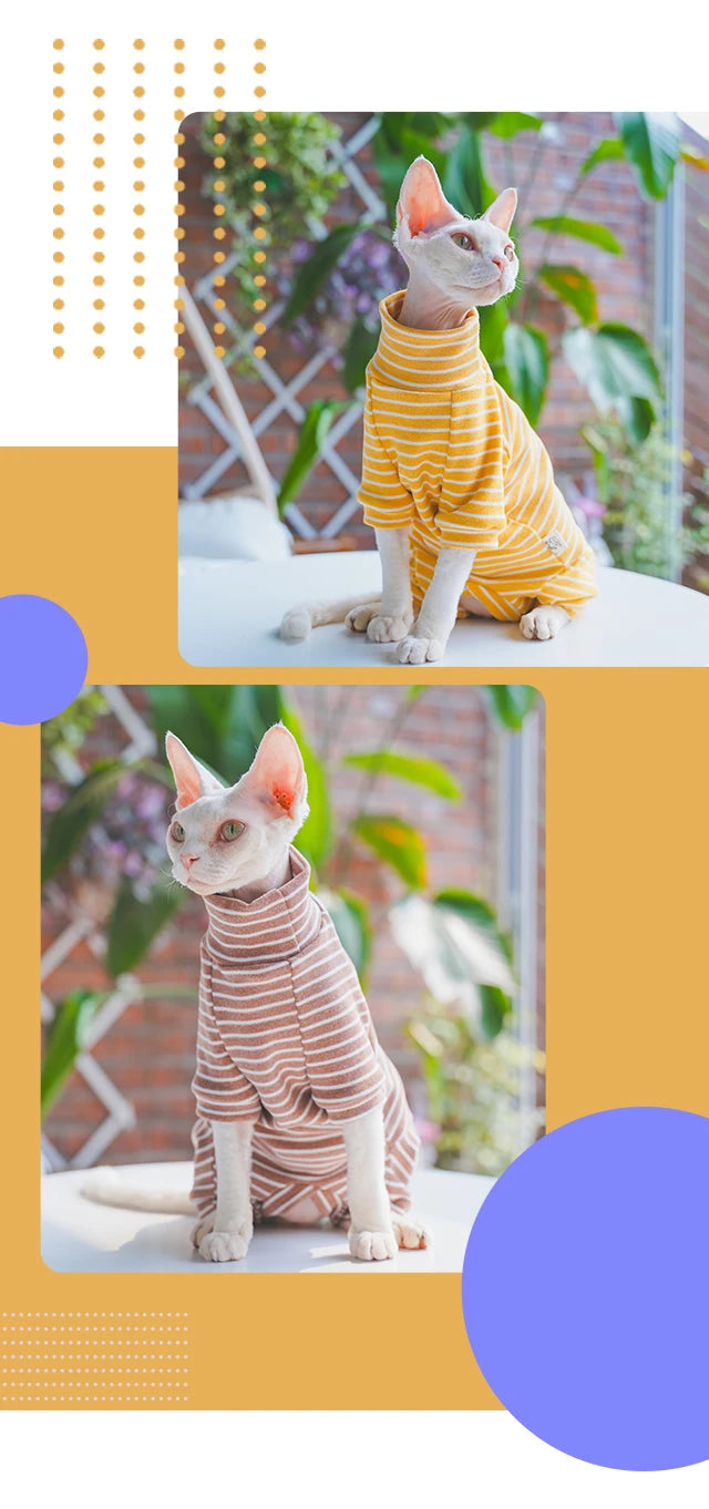 Winter Clothes for Cat, Stripped Cotton 4-legged Coat For Sphnx,Long sleeves Undershirt for Kittens, Devon Rex Jumpsuit