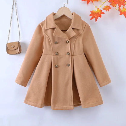 Casual Wool Coat Jacket 5-10Y Winter Children Girls Clothing Long-sleeved Lapel Double-breasted Kids Woolen Coat Girl Clothes