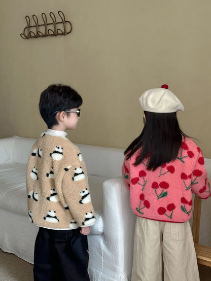 Winter New Children Clothes Lamb Wool Loose Jacket Fleece Lined Coat Cute Fruit Cartoon Print Kids Thickened Outerwear