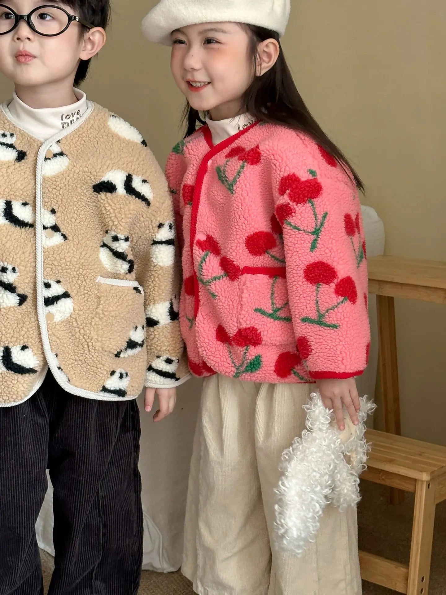 Winter New Children Clothes Lamb Wool Loose Jacket Fleece Lined Coat Cute Fruit Cartoon Print Kids Thickened Outerwear