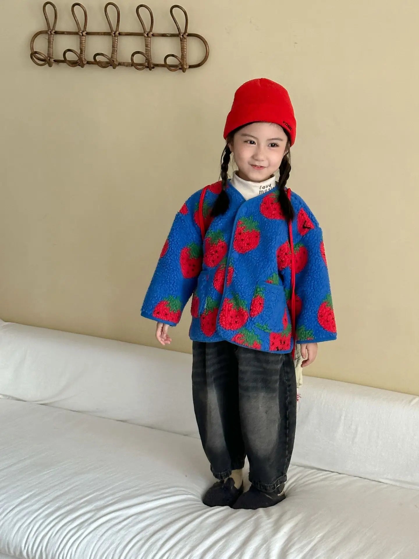 Winter New Children Clothes Lamb Wool Loose Jacket Fleece Lined Coat Cute Fruit Cartoon Print Kids Thickened Outerwear