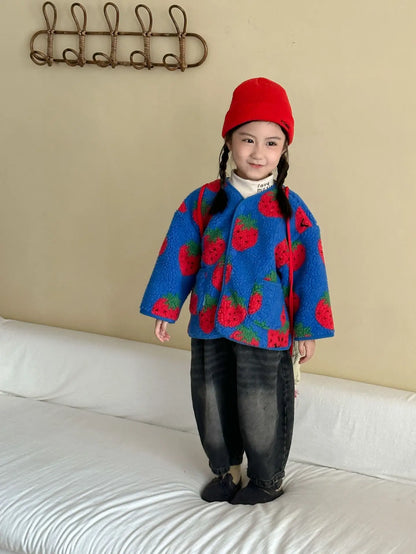 Winter New Children Clothes Lamb Wool Loose Jacket Fleece Lined Coat Cute Fruit Cartoon Print Kids Thickened Outerwear
