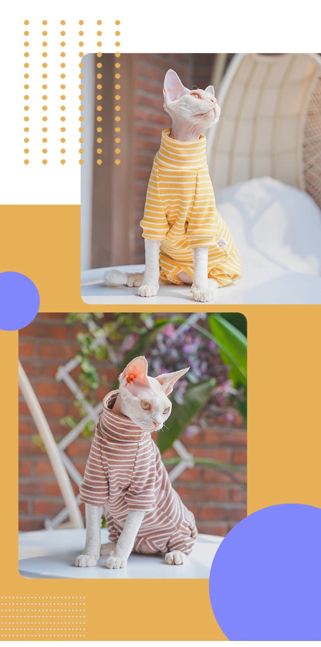 Winter Clothes for Cat, Stripped Cotton 4-legged Coat For Sphnx,Long sleeves Undershirt for Kittens, Devon Rex Jumpsuit