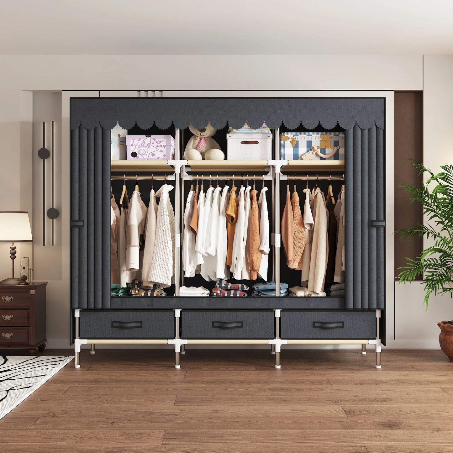 Space-saving portable wardrobe, durable, with hanging shelves, space-saving and dust-proof