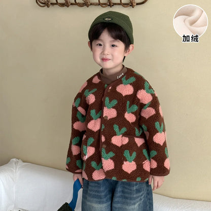 Winter New Children Clothes Lamb Wool Loose Jacket Fleece Lined Coat Cute Fruit Cartoon Print Kids Thickened Outerwear