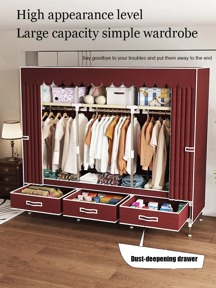 Space-saving portable wardrobe, durable, with hanging shelves, space-saving and dust-proof