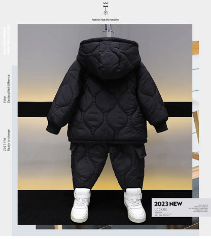 Winter Children Clothes Sets Kids Boys Girls Hooded Warm Cotton Velvet Pullover Coats Outerwear+Pants 2Pcs Snowsuits New1-8Y