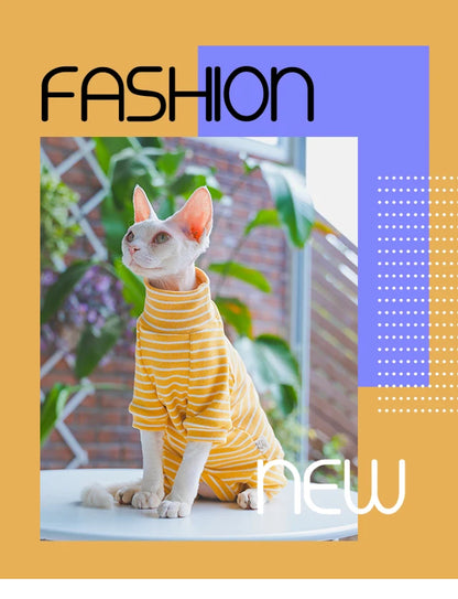 Winter Clothes for Cat, Stripped Cotton 4-legged Coat For Sphnx,Long sleeves Undershirt for Kittens, Devon Rex Jumpsuit