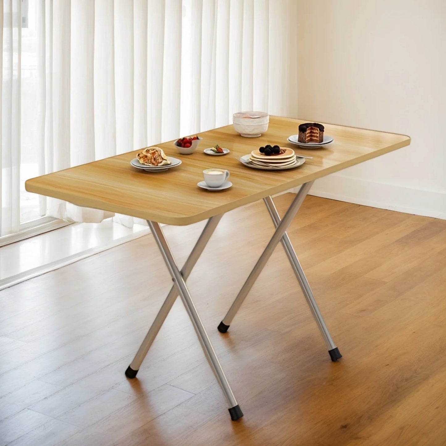 Compact Folding Table - High Density Hardwood, Metal Frame, No Power Supply - Suitable for Dormitory, Rental, Resta