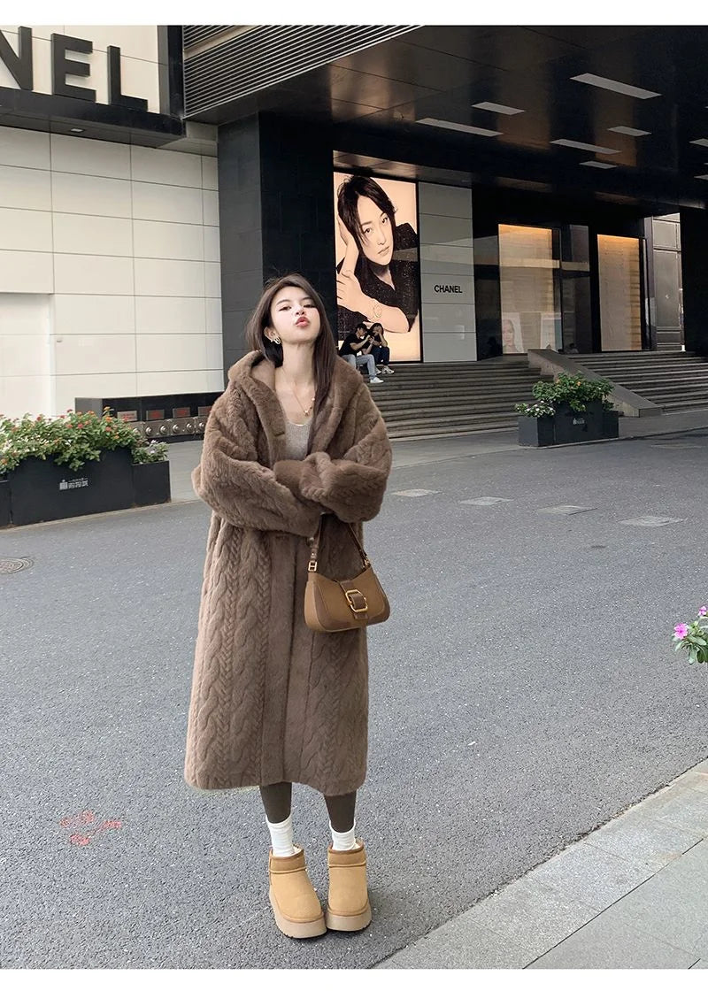  2025 Winter New Thick Women's Long Mink Plush Cardigan With Integrated Fur Eco-Friendly Hooded Fur Coat Solid Color