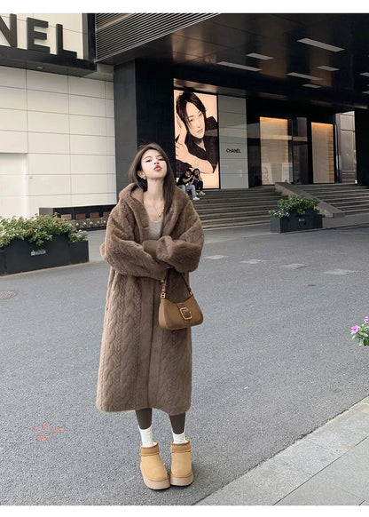  2025 Winter New Thick Women's Long Mink Plush Cardigan With Integrated Fur Eco-Friendly Hooded Fur Coat Solid Color